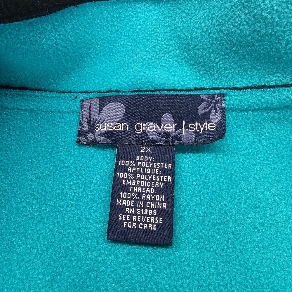 Susan Graver Style Black Fleece Jacket Floral Embroidery Teal Trim Zip Women 2X‎ - Picture 5 of 7
